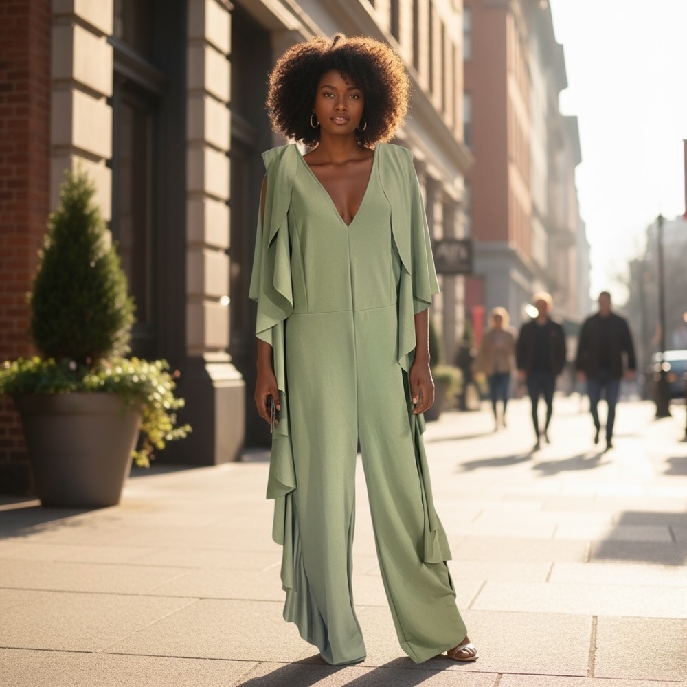 Women’s Green Raffle V Neck Sleeveless Jumpsuit
New